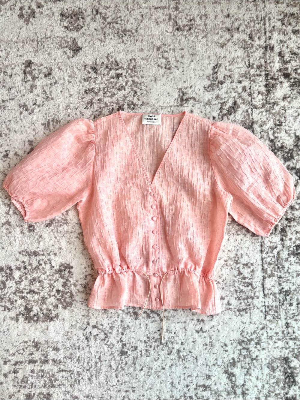 Mass Nørgaard Copenhagen Pink Puff-Sleeve Button Front Peplum Top